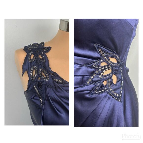City Triangles Satin Navy Cocktail Dress One Shoulder Appliques Cutouts Sz 3 - Picture 8 of 15
